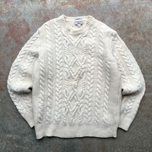 Wallace & Barnes Mens Shetland Wool Cable Knit Sweater Ivory Cream M READ